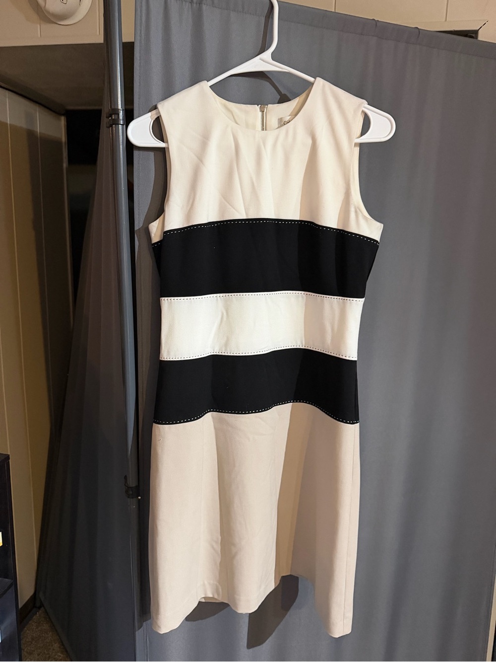 Calvin Klein Black and White Striped Sleeveless Shift Dress